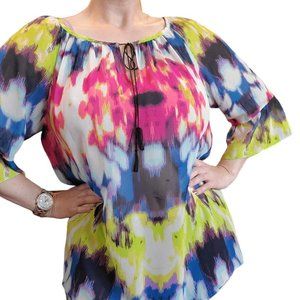 MILLY for Design Nation Multi-Color Semi-Sheer 3/4 Bell Sleeve Top Blouse Sz‎ L